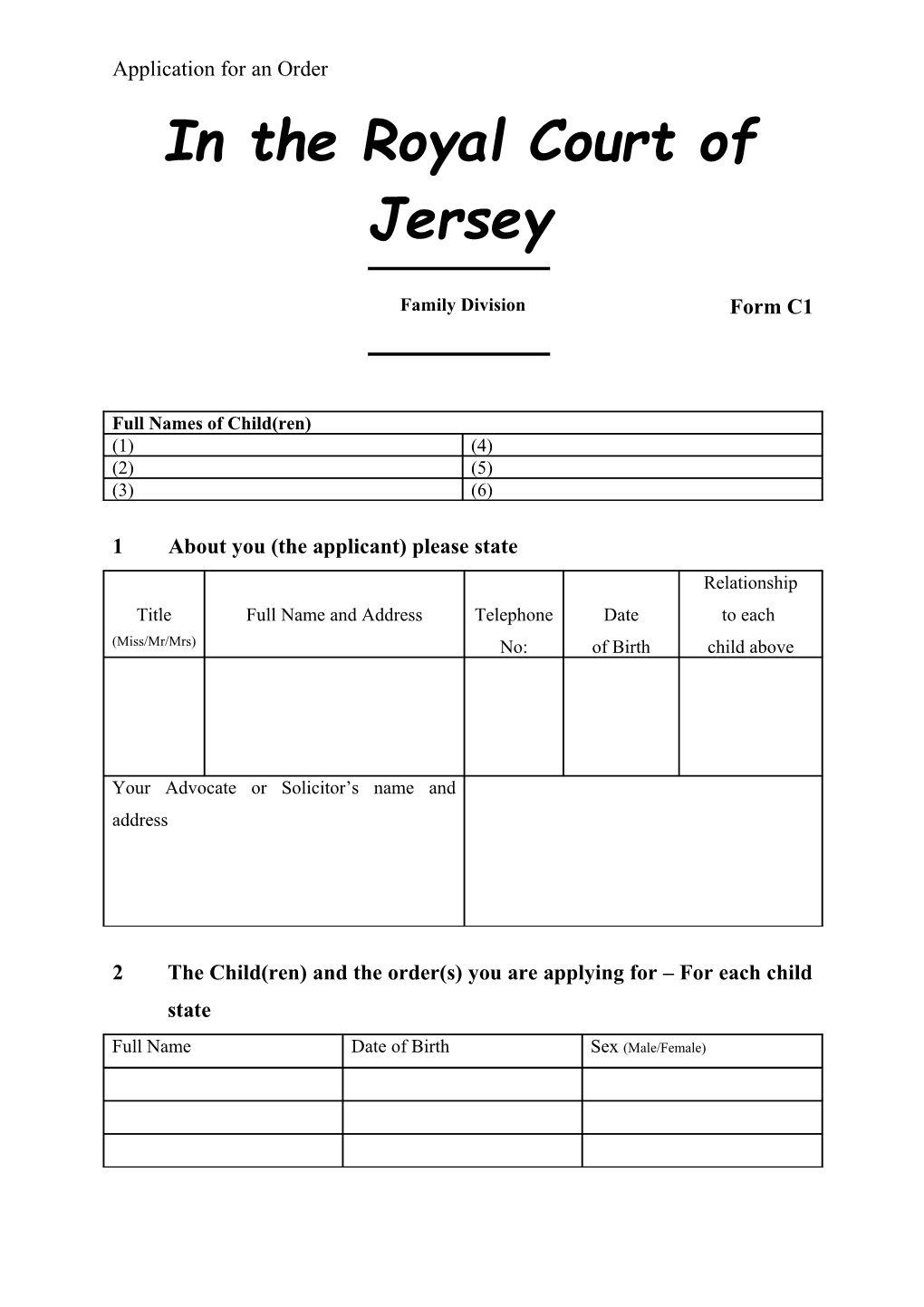 Royal Court of Jersey Family Division Form C1