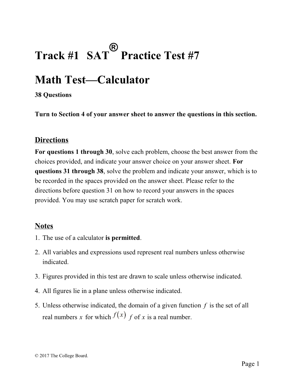 SAT Practice Test 7 for Assistive Technology Math Test, Calculator SAT Suite of Assessments