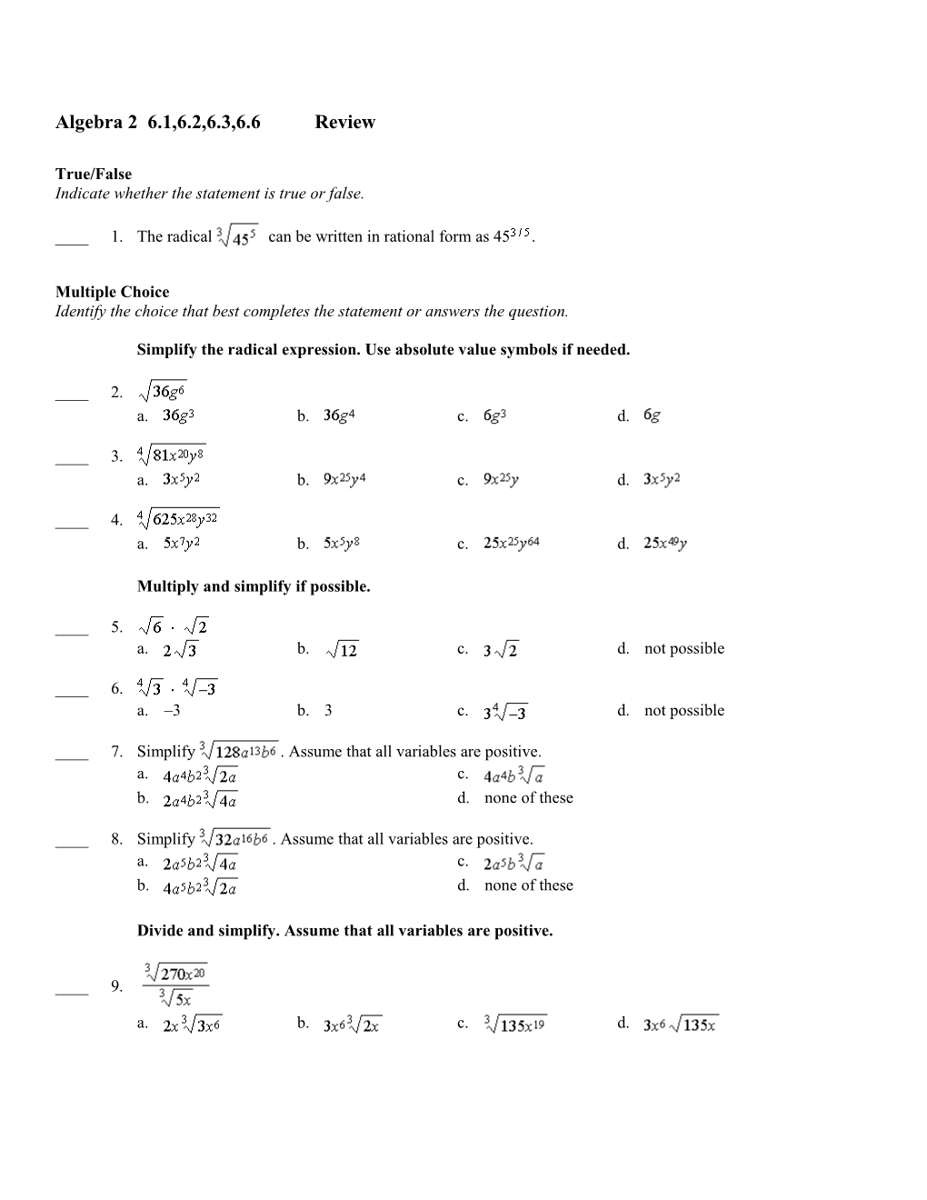 Algebra 2 6.1,6.2,6.3,6.6 Review