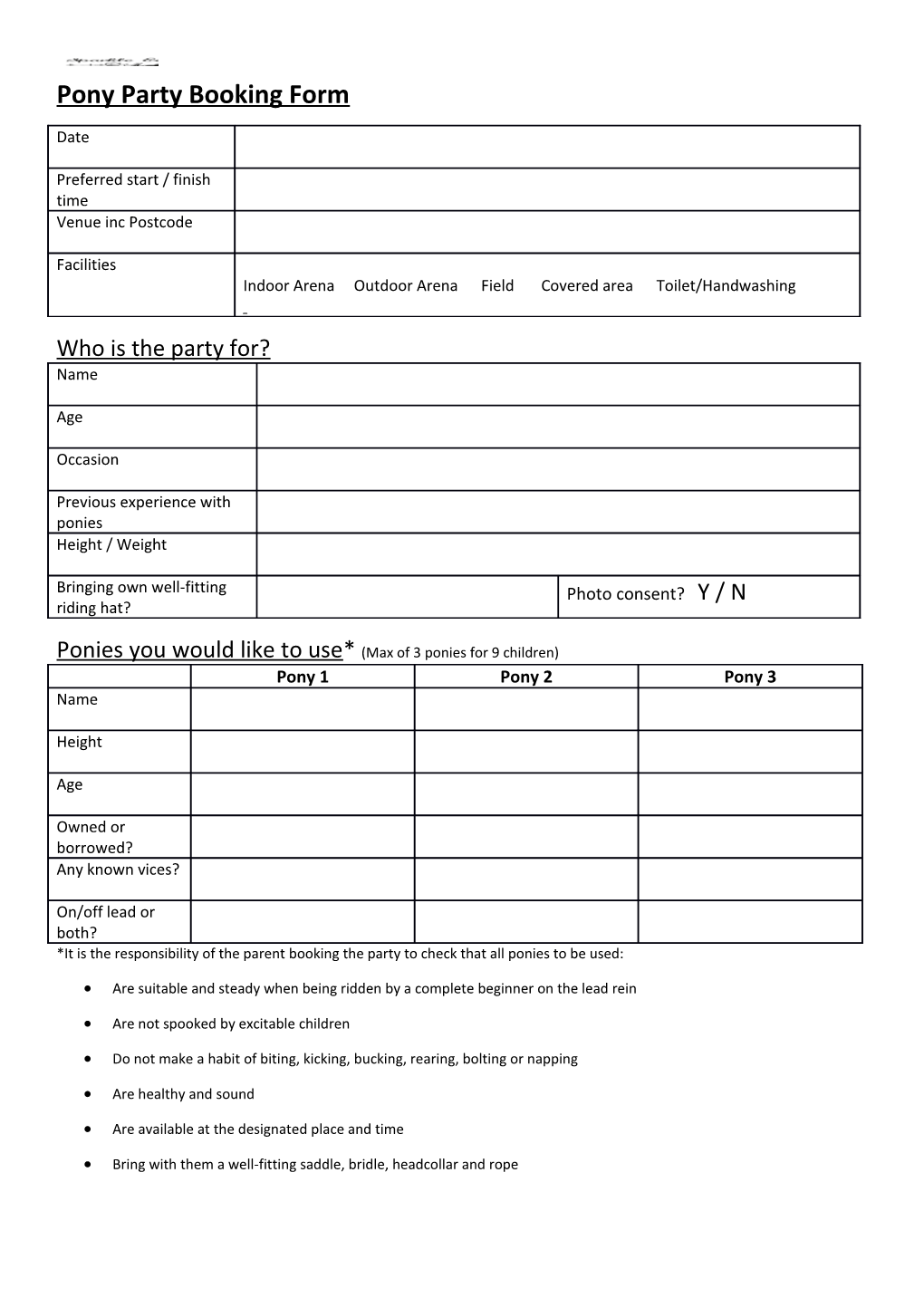 Pony Party Booking Form