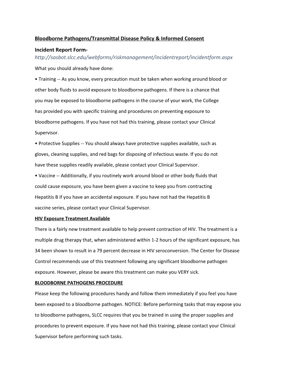 Bloodborne Pathogens/Transmittal Disease Policy & Informed Consent