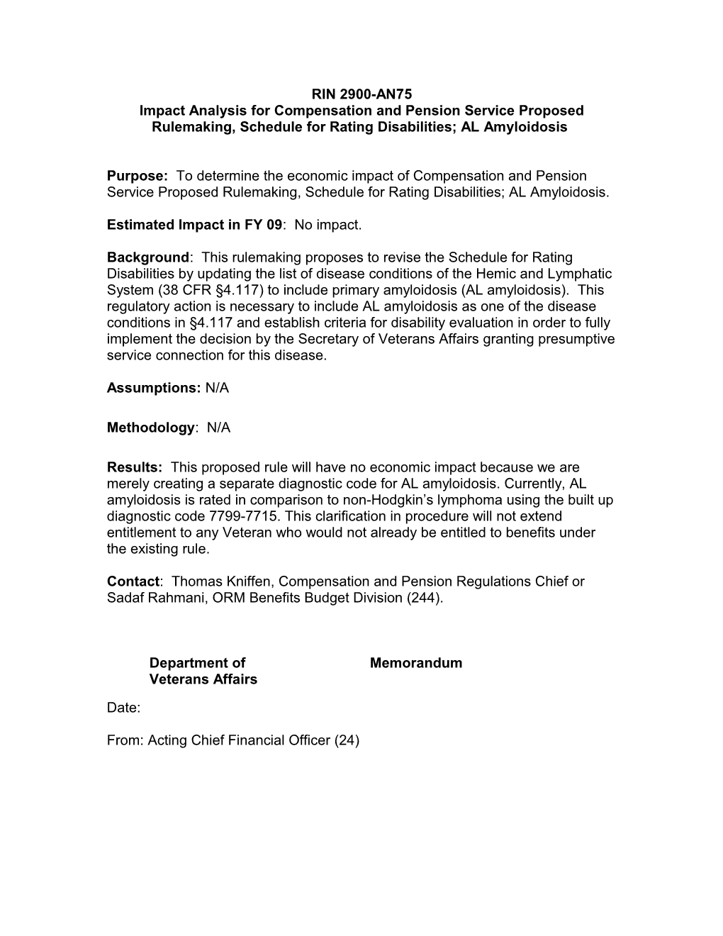 Impact Analysis for Compensation and Pension Service Proposed Rulemaking, Schedule For