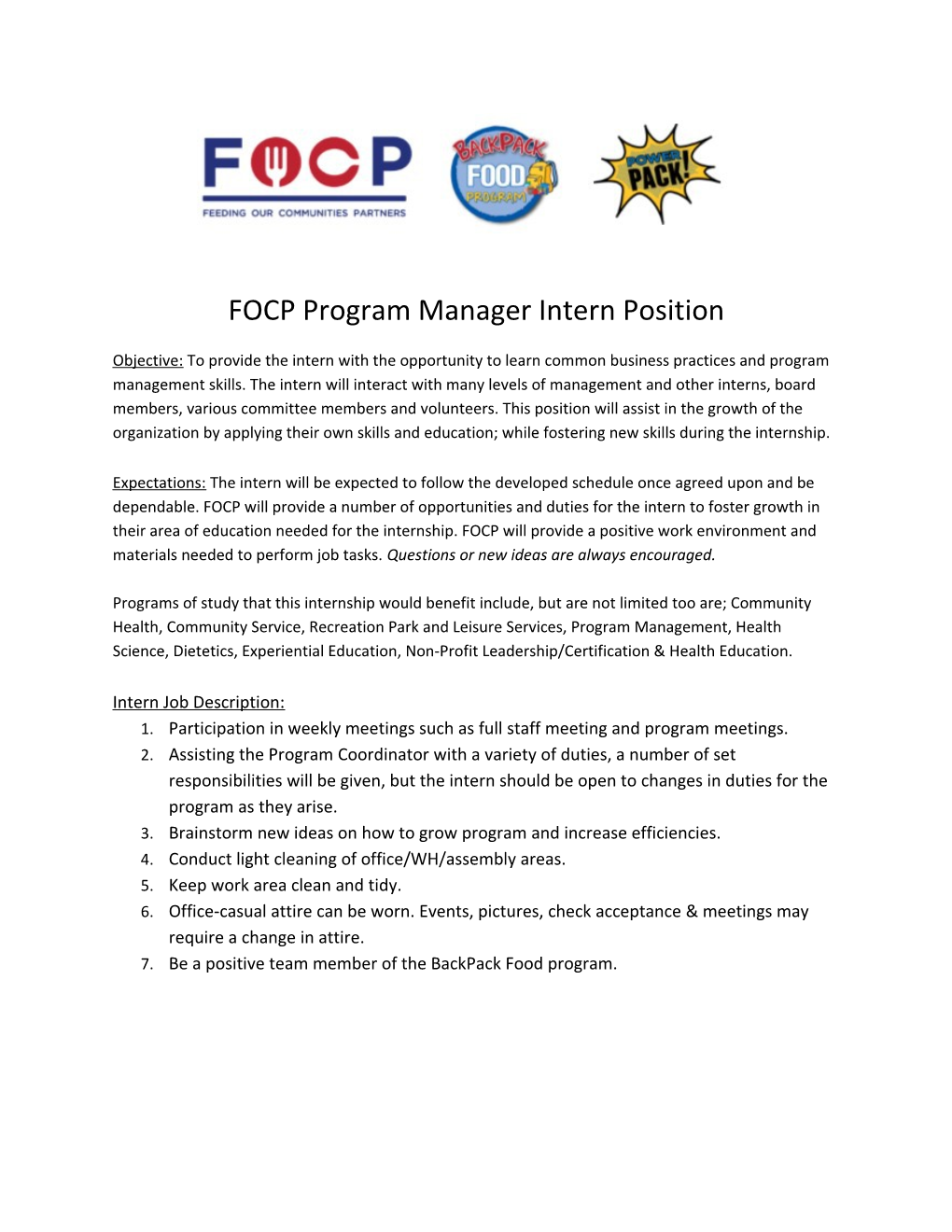 FOCP Program Manager Intern Position