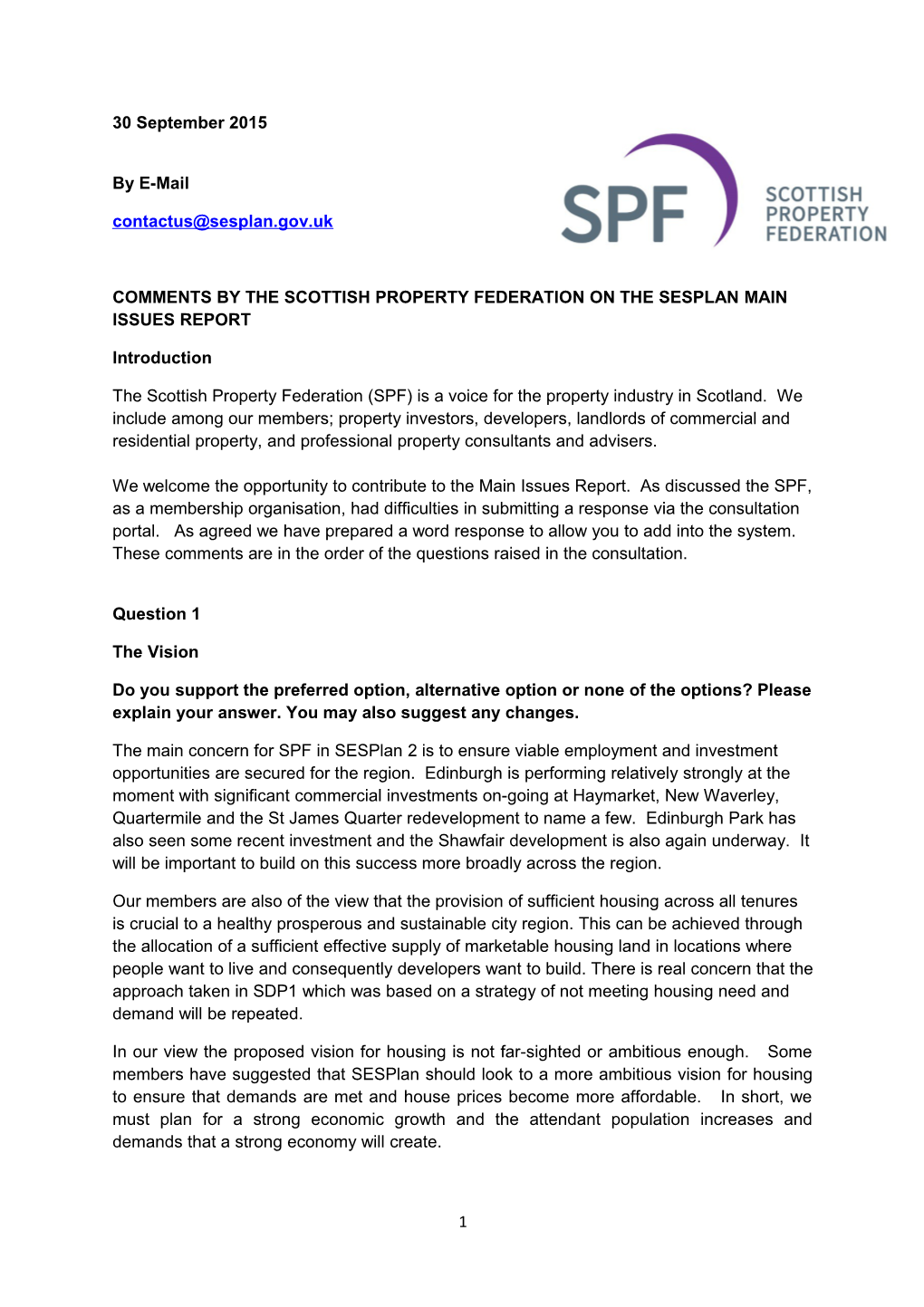 Comments by the Scottish Property Federation on the Sesplan Main Issues Report