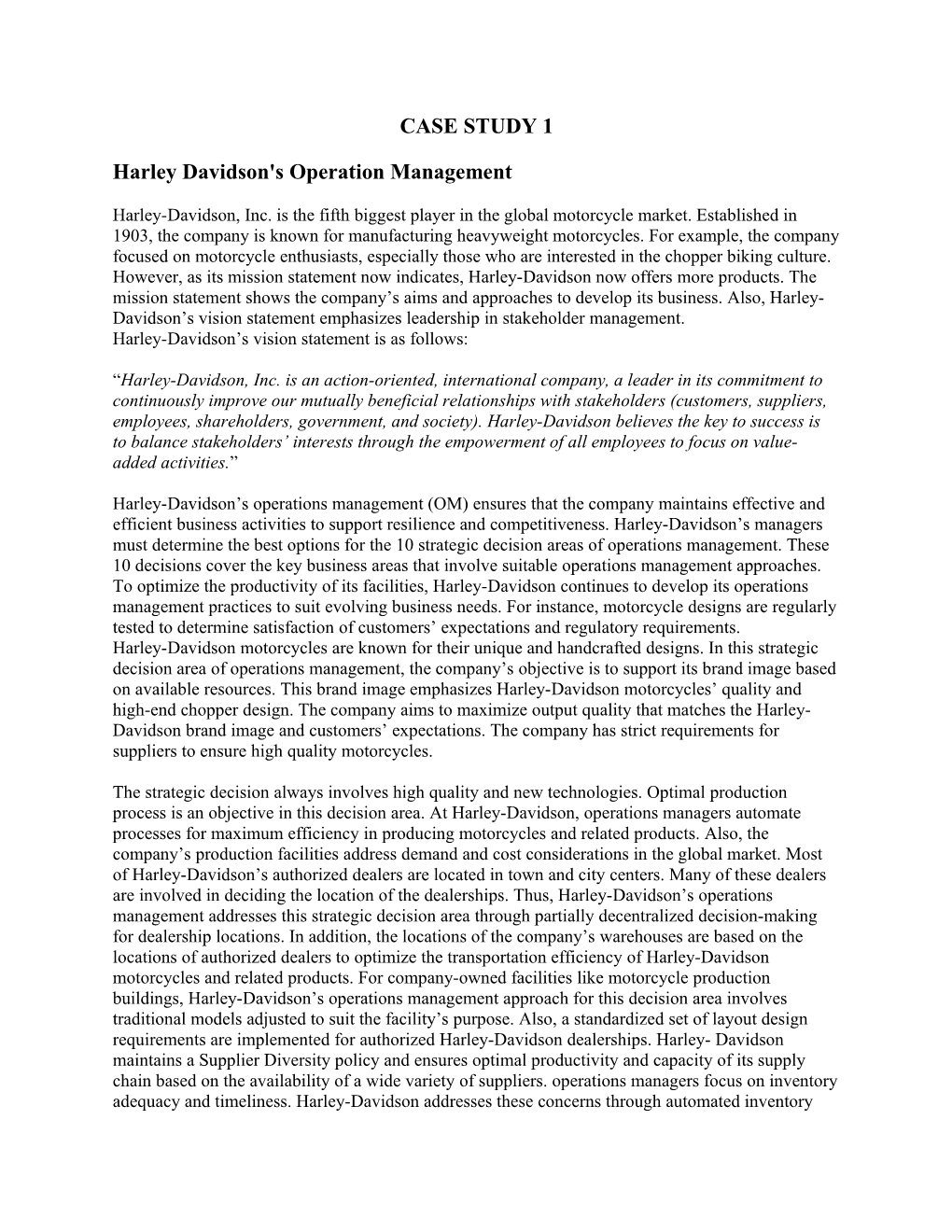 Harley Davidson's Operation Management