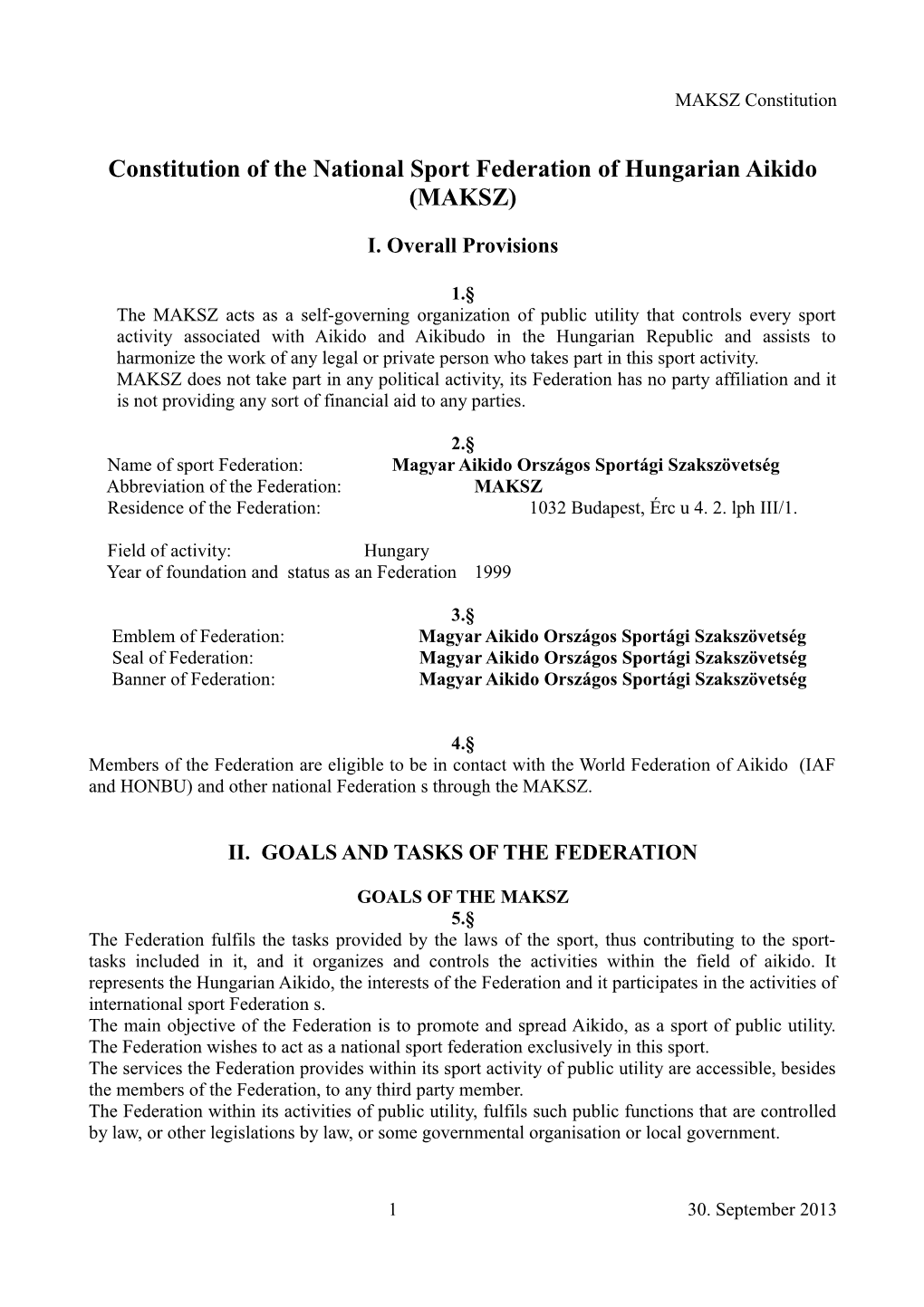Constitution of the National Sport Federation of Hungarian Aikido