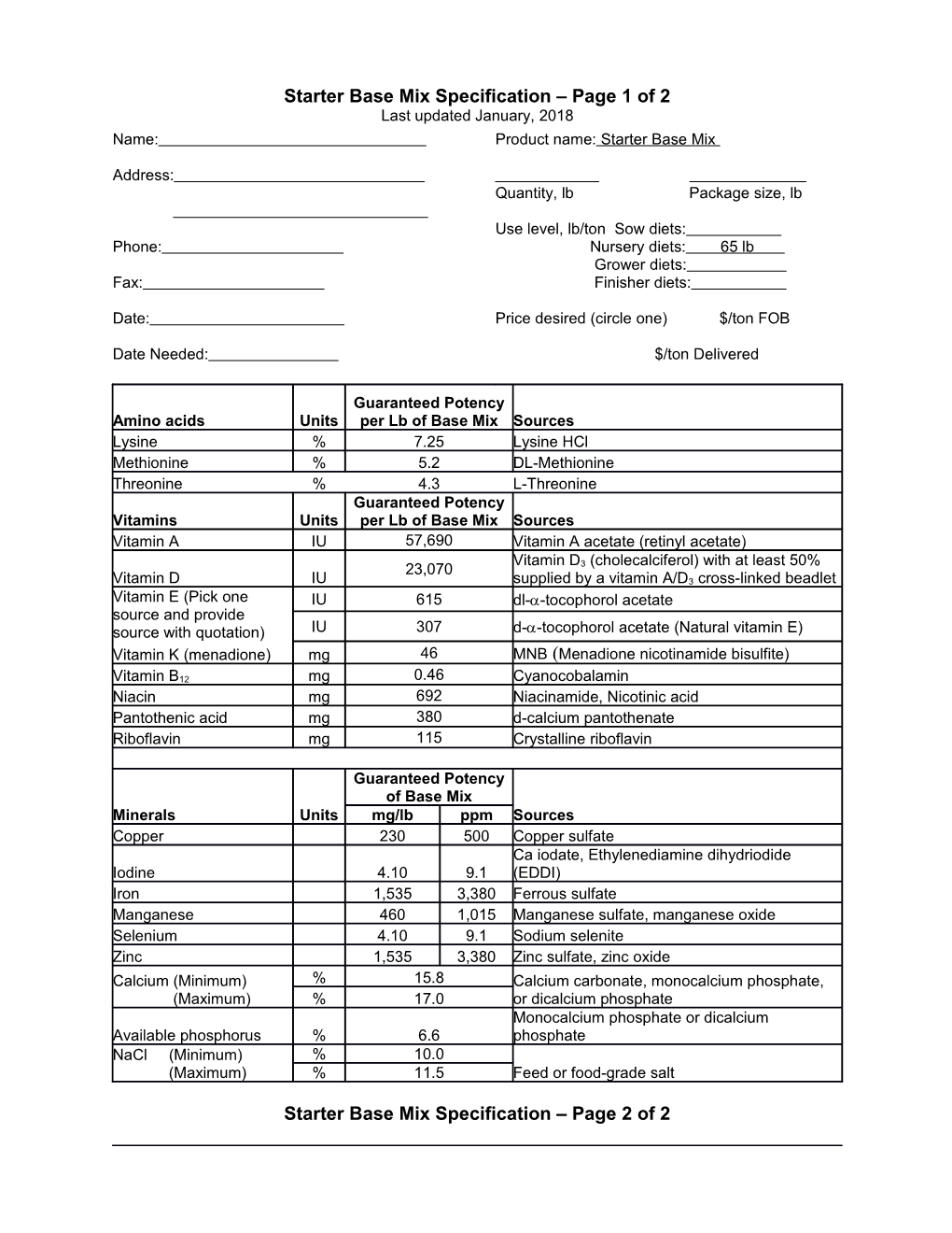 Vitamin Premix Specification Form