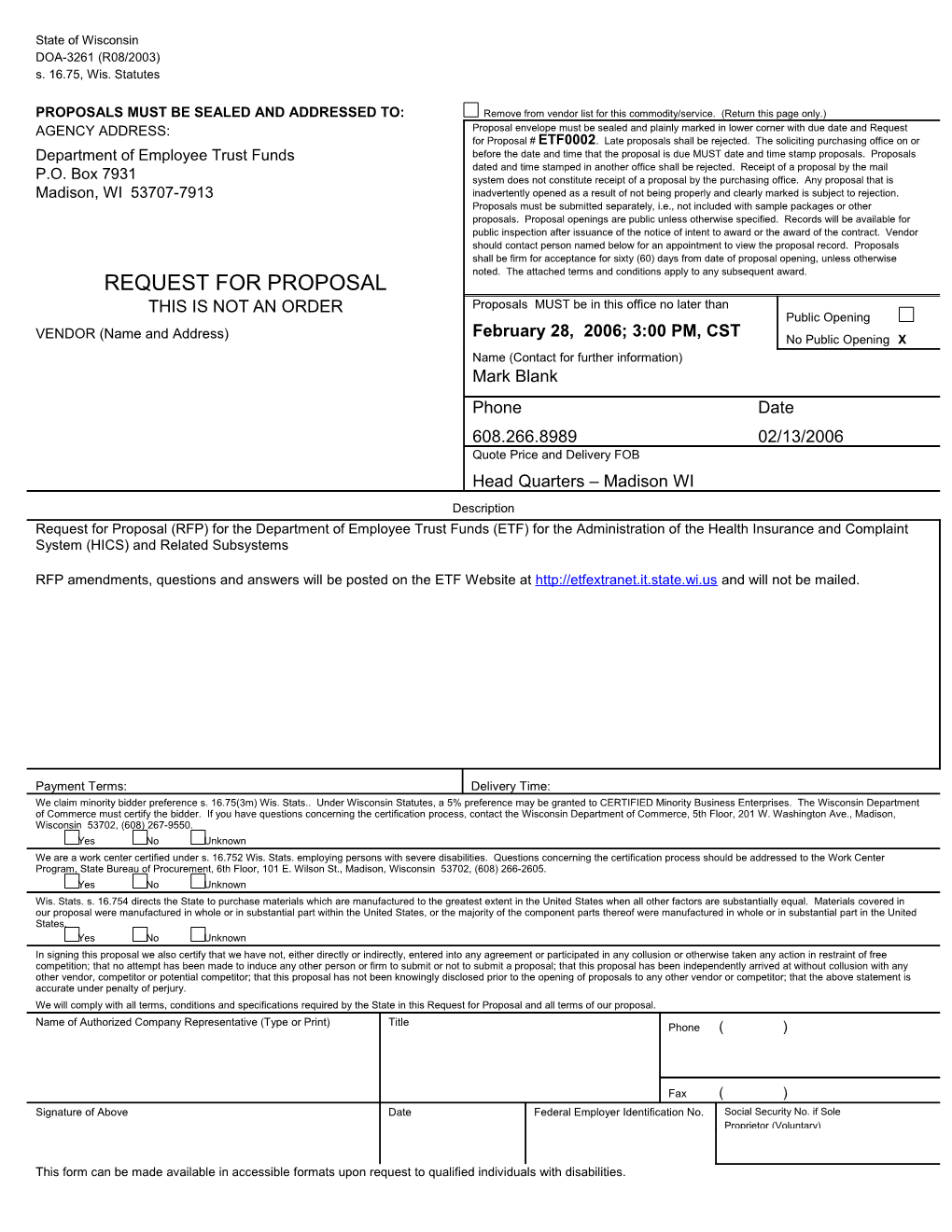 Request for Proposal (Rfp) #Etf0002