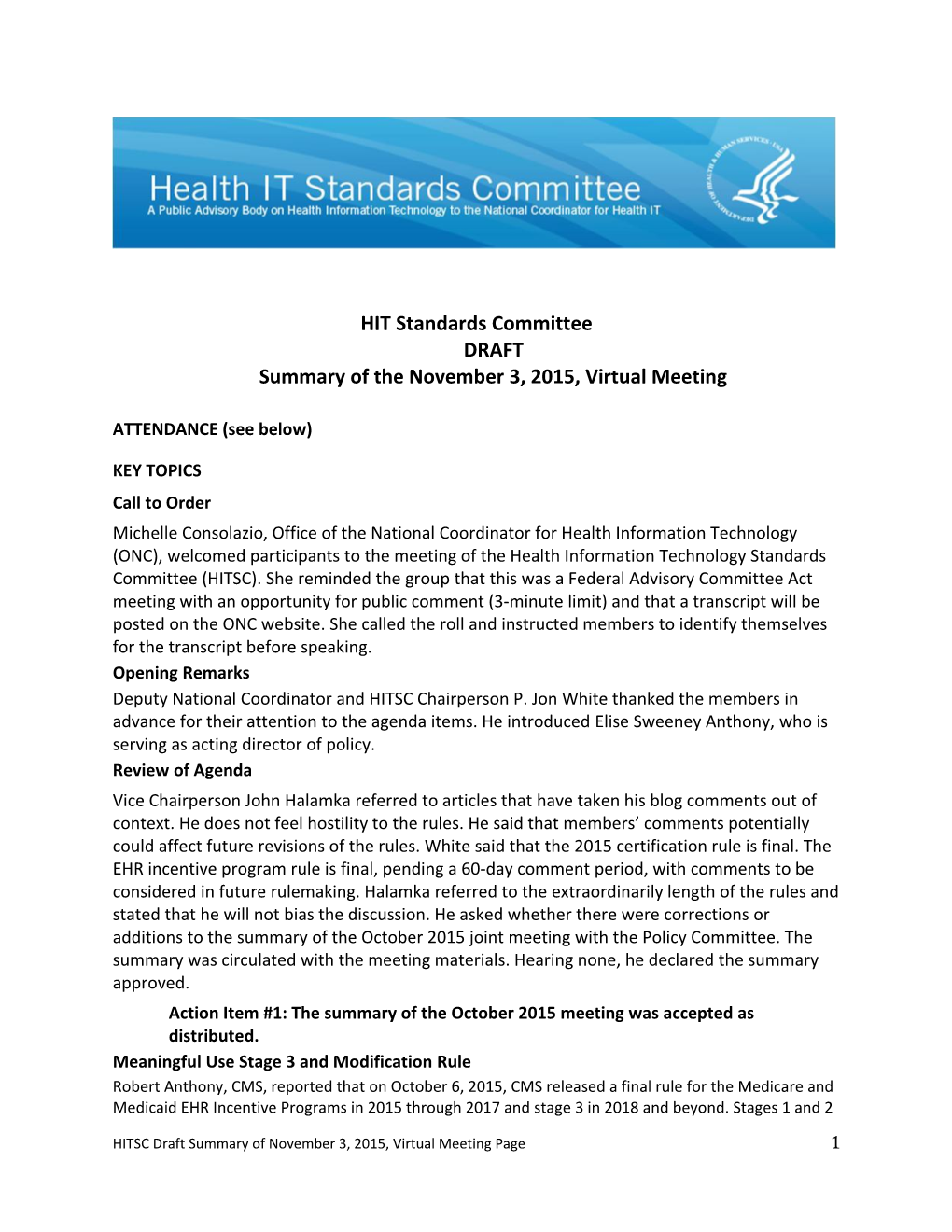 HIT Standards Committeedraftsummary of the November 3, 2015,Virtual Meeting