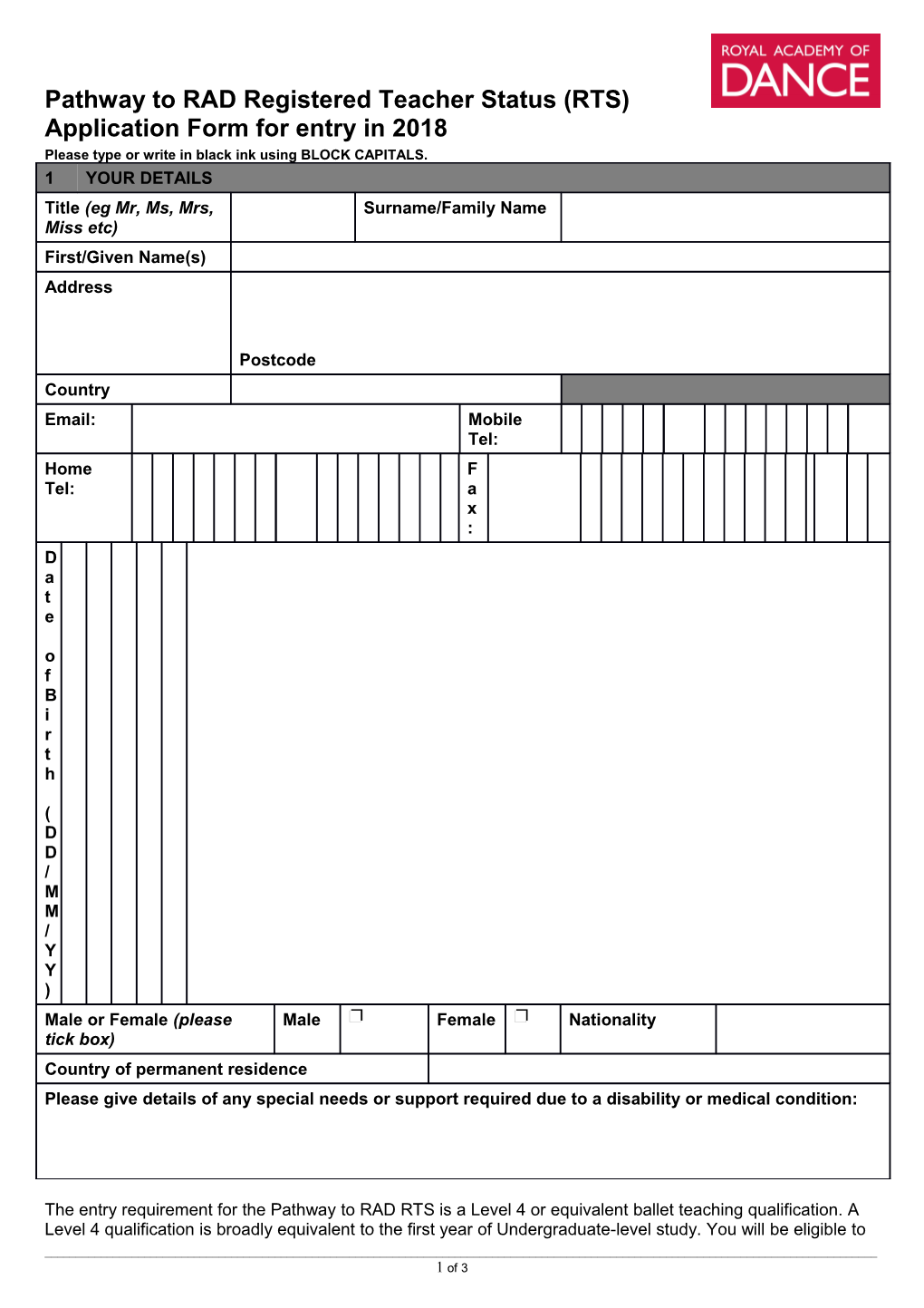 Application Form for Entry in 2003