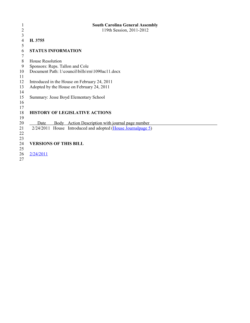 2011-2012 Bill 3755: Jesse Boyd Elementary School - South Carolina Legislature Online