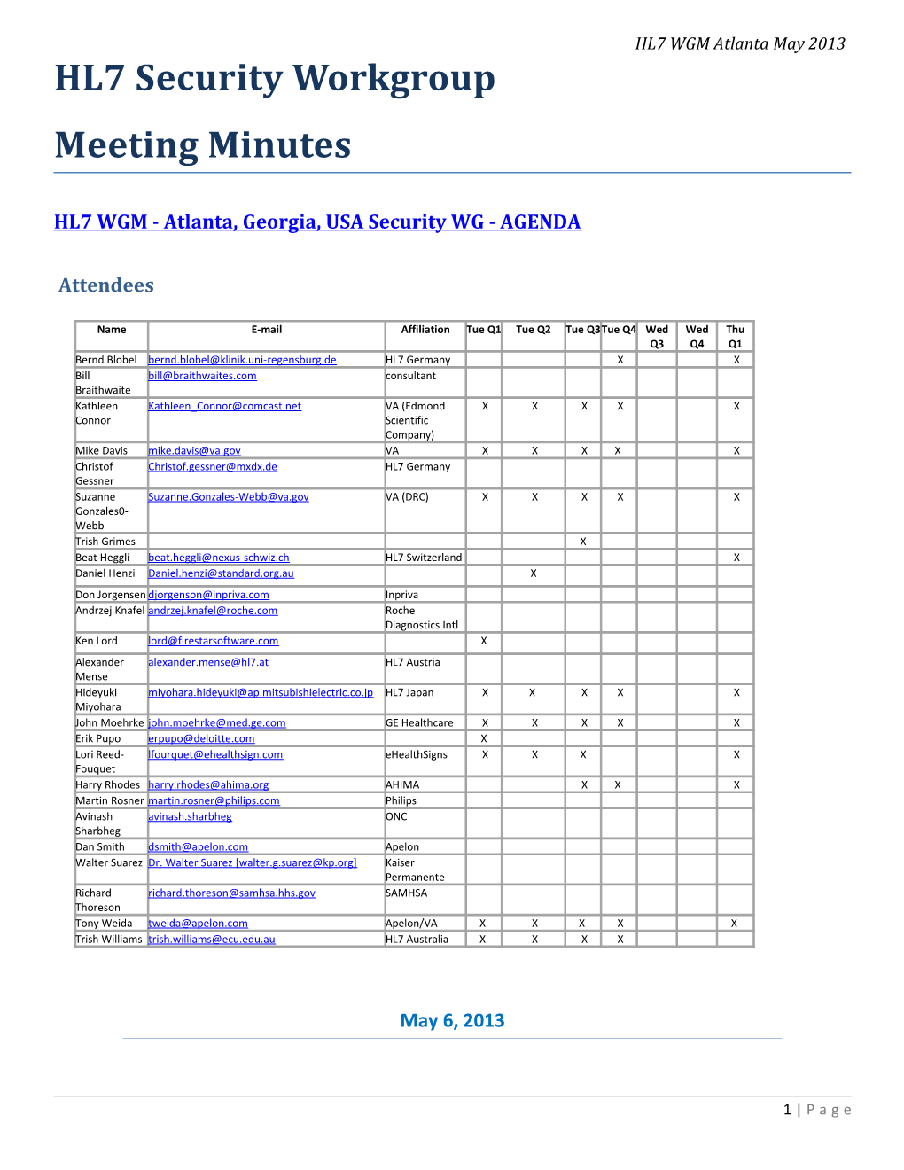 HL7 WGM - Atlanta, Georgia, USA Security WG - AGENDA