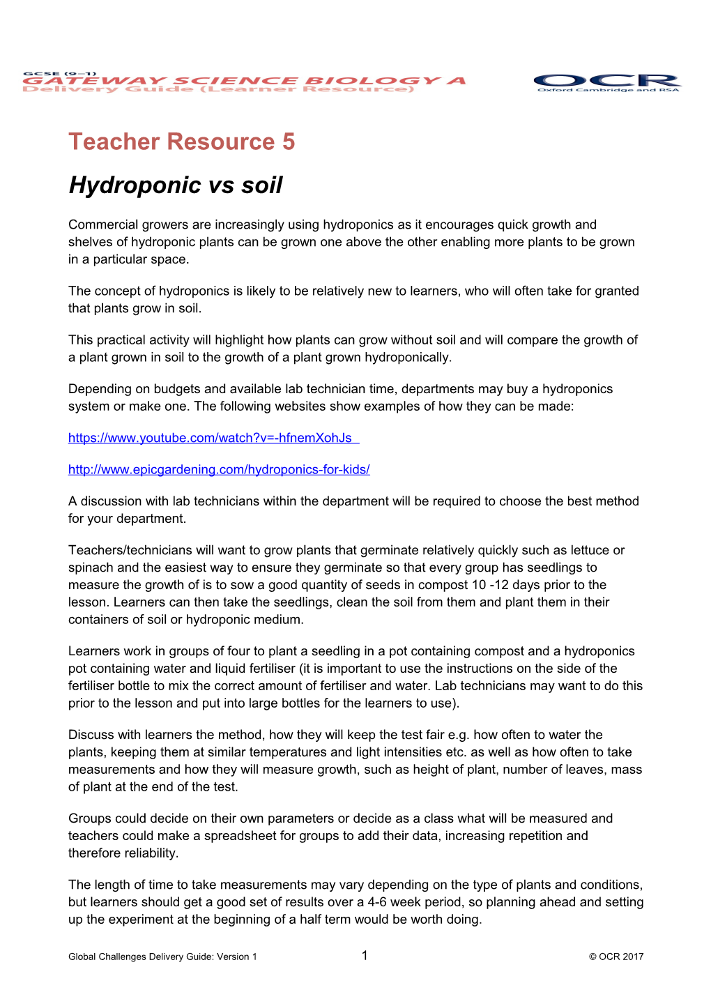 Teacher Resource 5: Hydroponic Vs Soil
