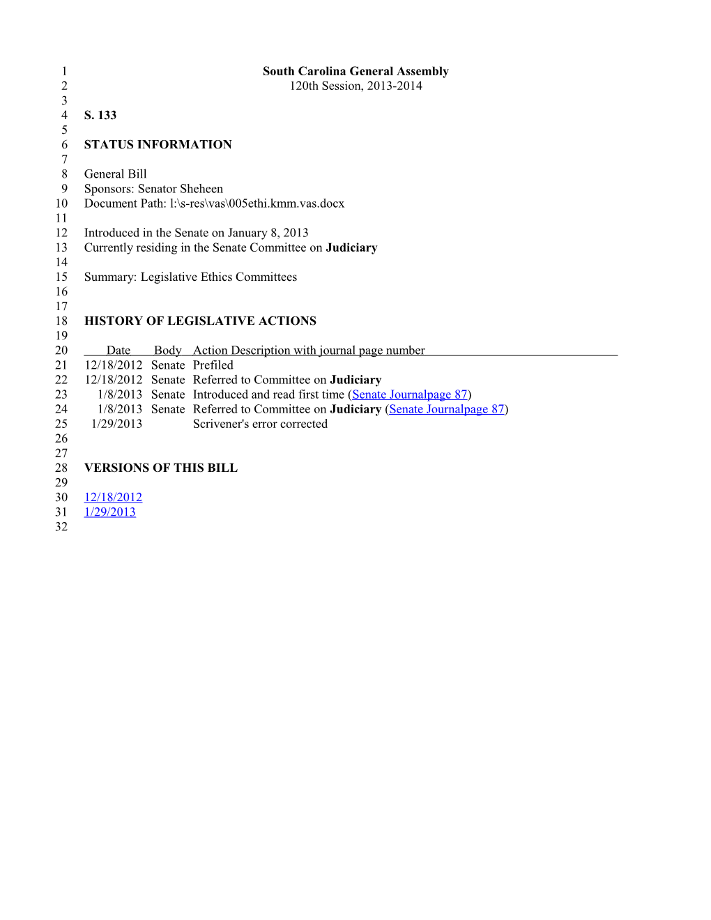 2013-2014 Bill 133: Legislative Ethics Committees - South Carolina Legislature Online