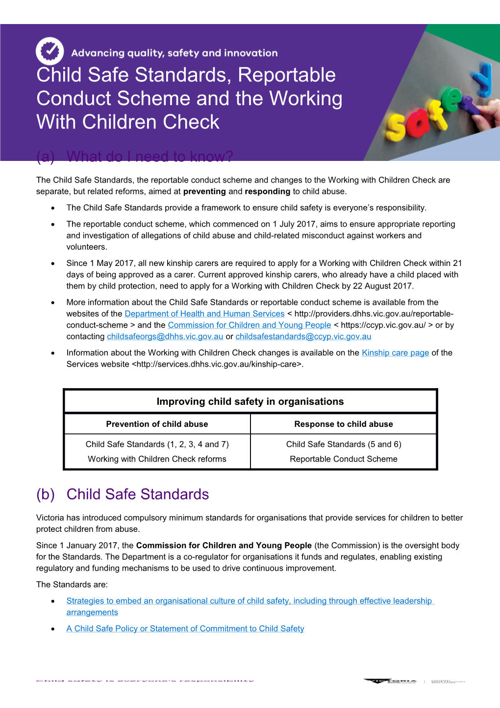 Child Safe Standards, Reportable Conduct Scheme and the Working with Children Check