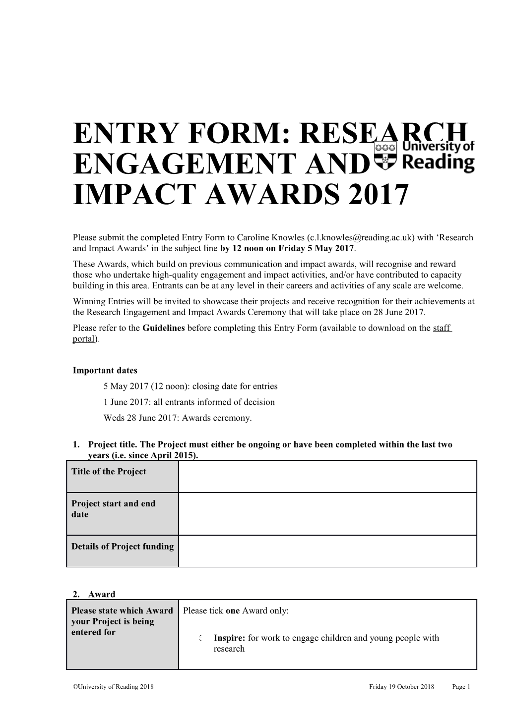 ENTRY FORM: Research Engagement and Impact Awards 2017