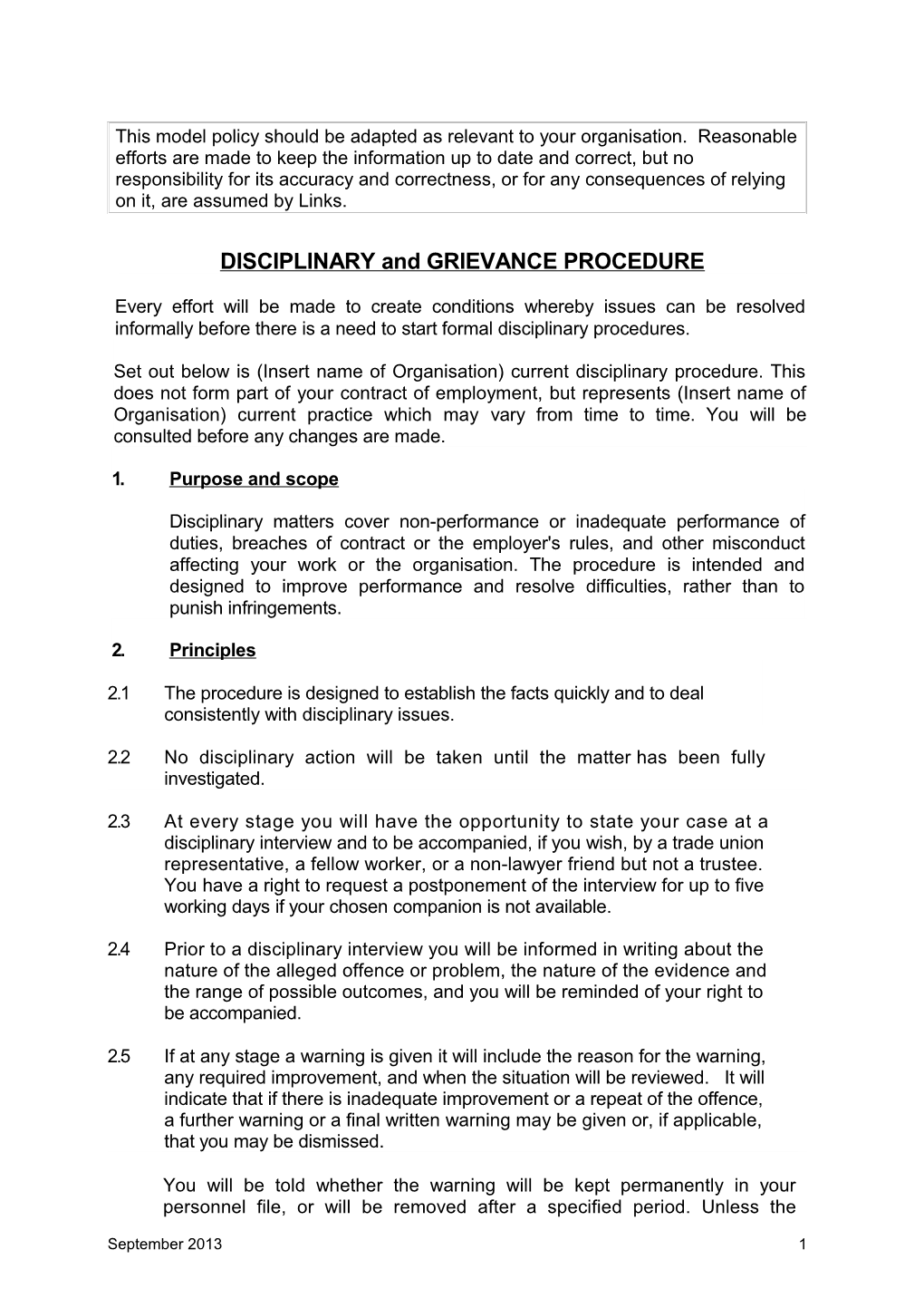 DISCIPLINARY and GRIEVANCE PROCEDURE