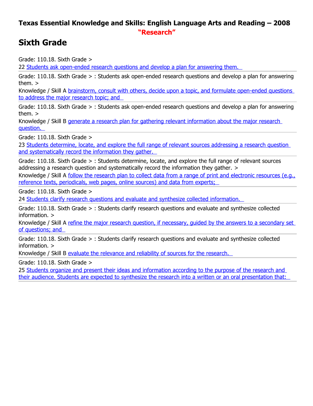 Texas Essential Knowledge and Skills: English Language Arts and Reading 2008