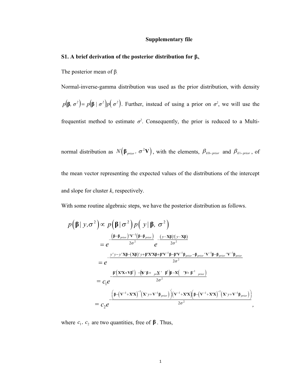 S1. a Brief Derivation of the Posterior Distribution for Βs