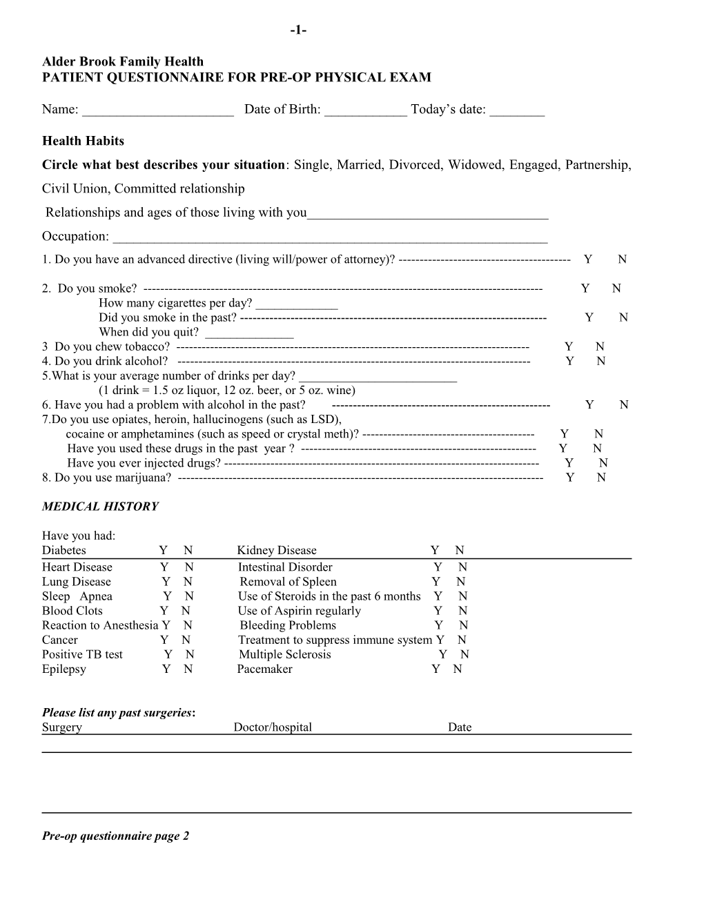 New Patient Questionaire