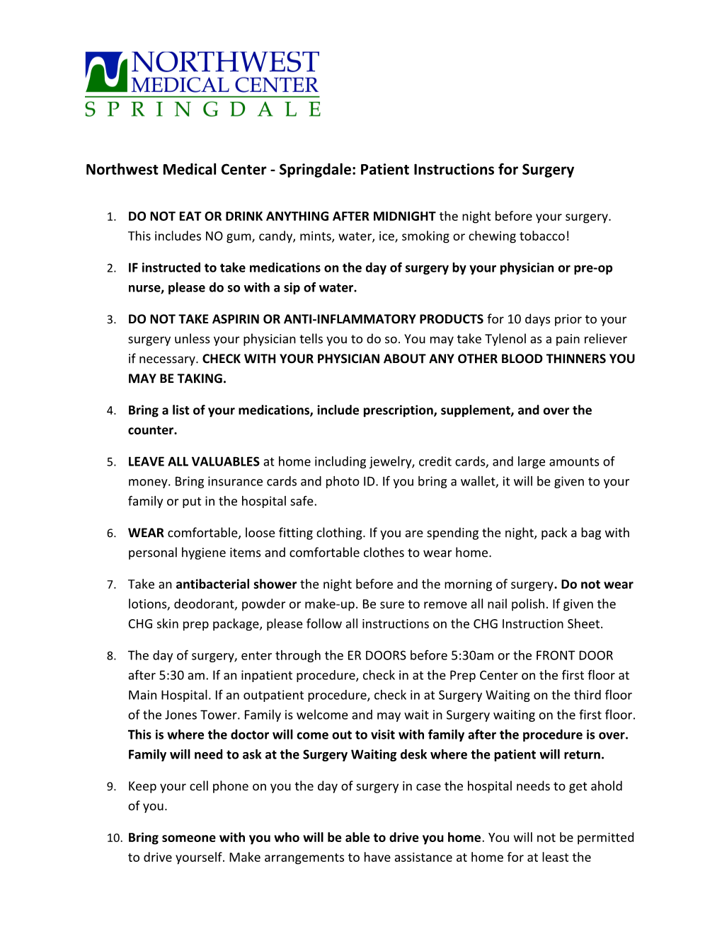 Northwest Medical Center - Springdale: Patient Instructions for Surgery