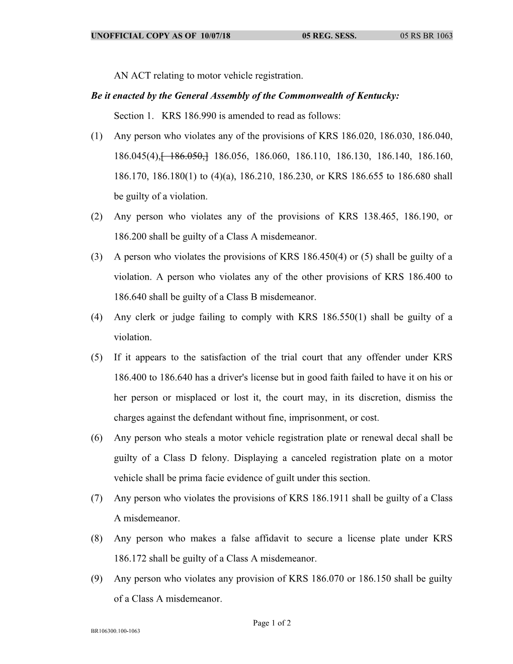 AN ACT Relating to Motor Vehicle Registration