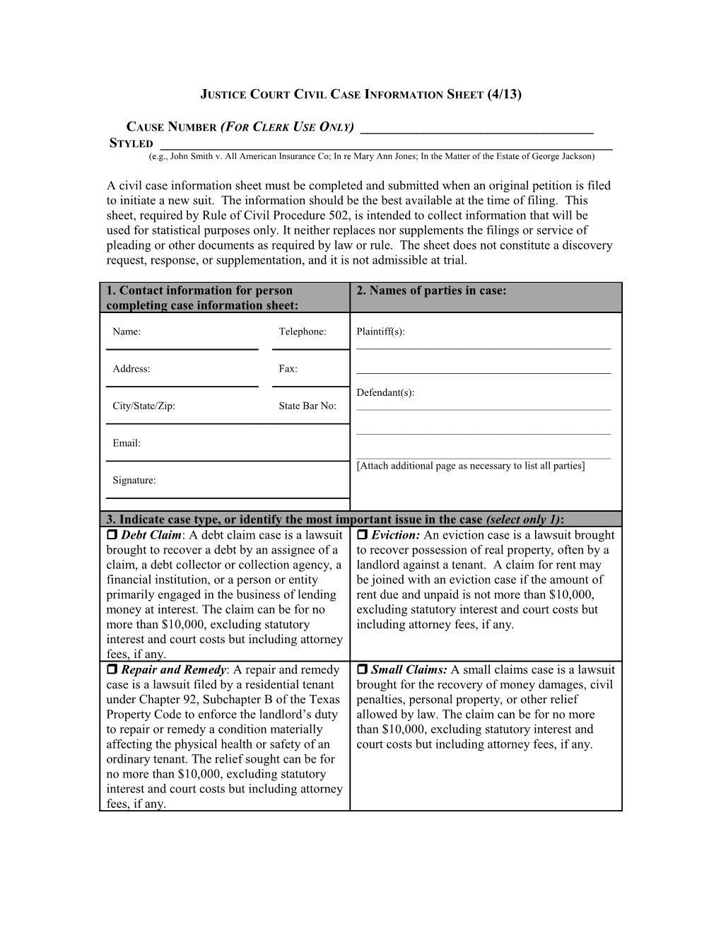 Justice Court Civil Case Information Sheet (4/13)