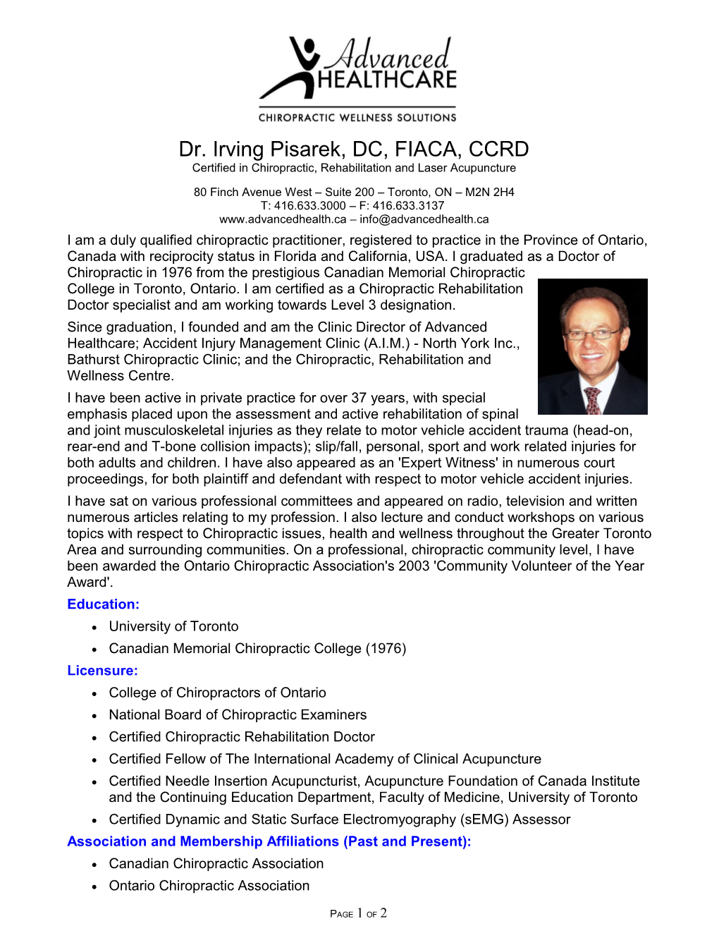 Dr. Irving Pisarek, DC, FIACA, CCRD