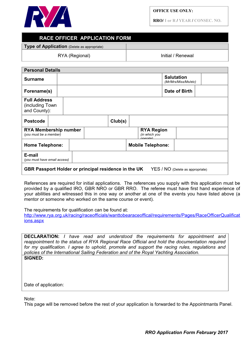 Race Officer Application Form