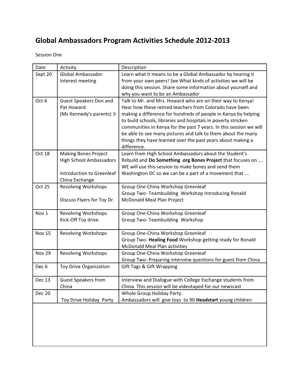 Global Ambassadors Program Activities Schedule2012-2013