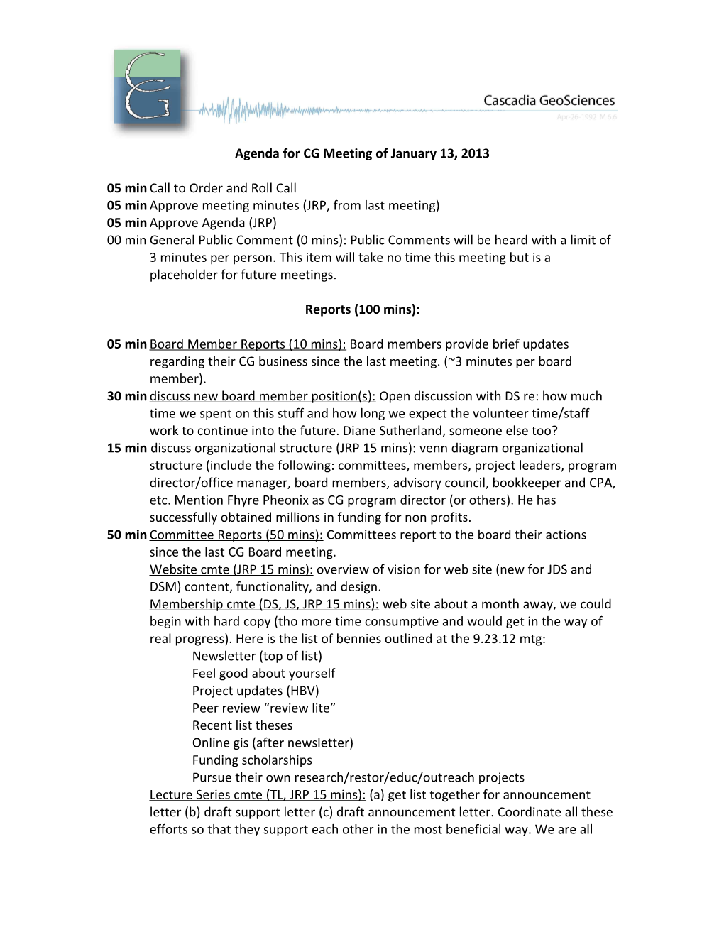 Agenda for CG Meeting of January 13, 2013