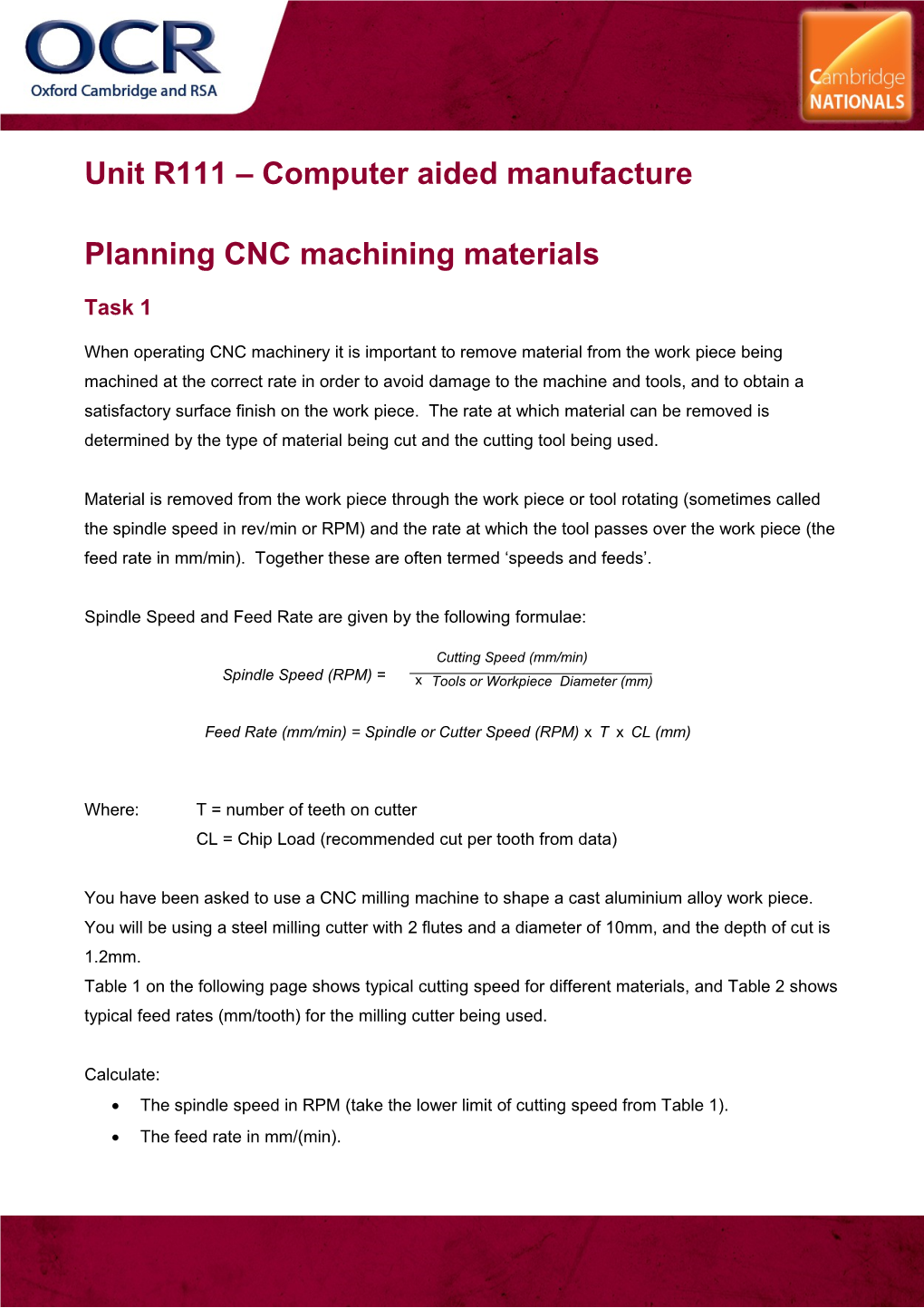 OCR Cambridge Nationals in Engineering - Lesson Element Activity, R111, Planning CNC Machining