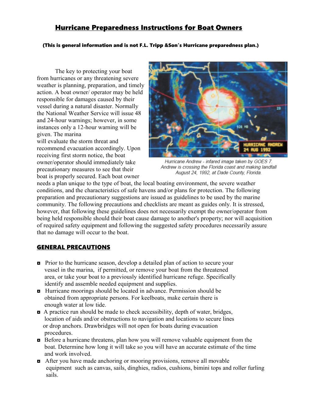 Hurricane Preparedness Instructions for Boat Owners
