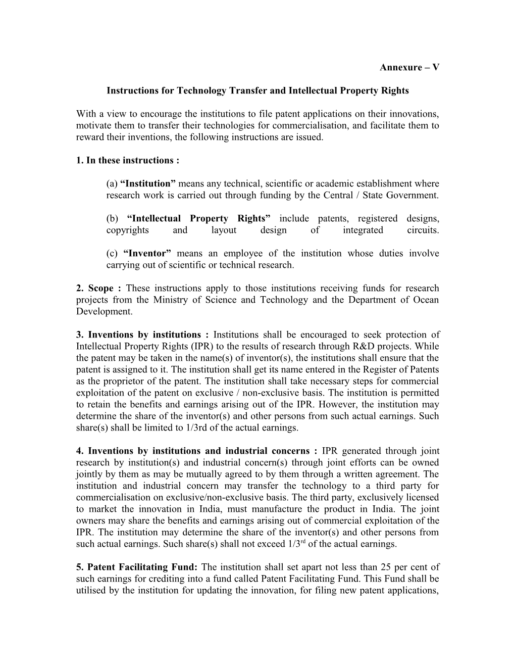 Instructions for Technology Transfer and Intellectual Property Rights