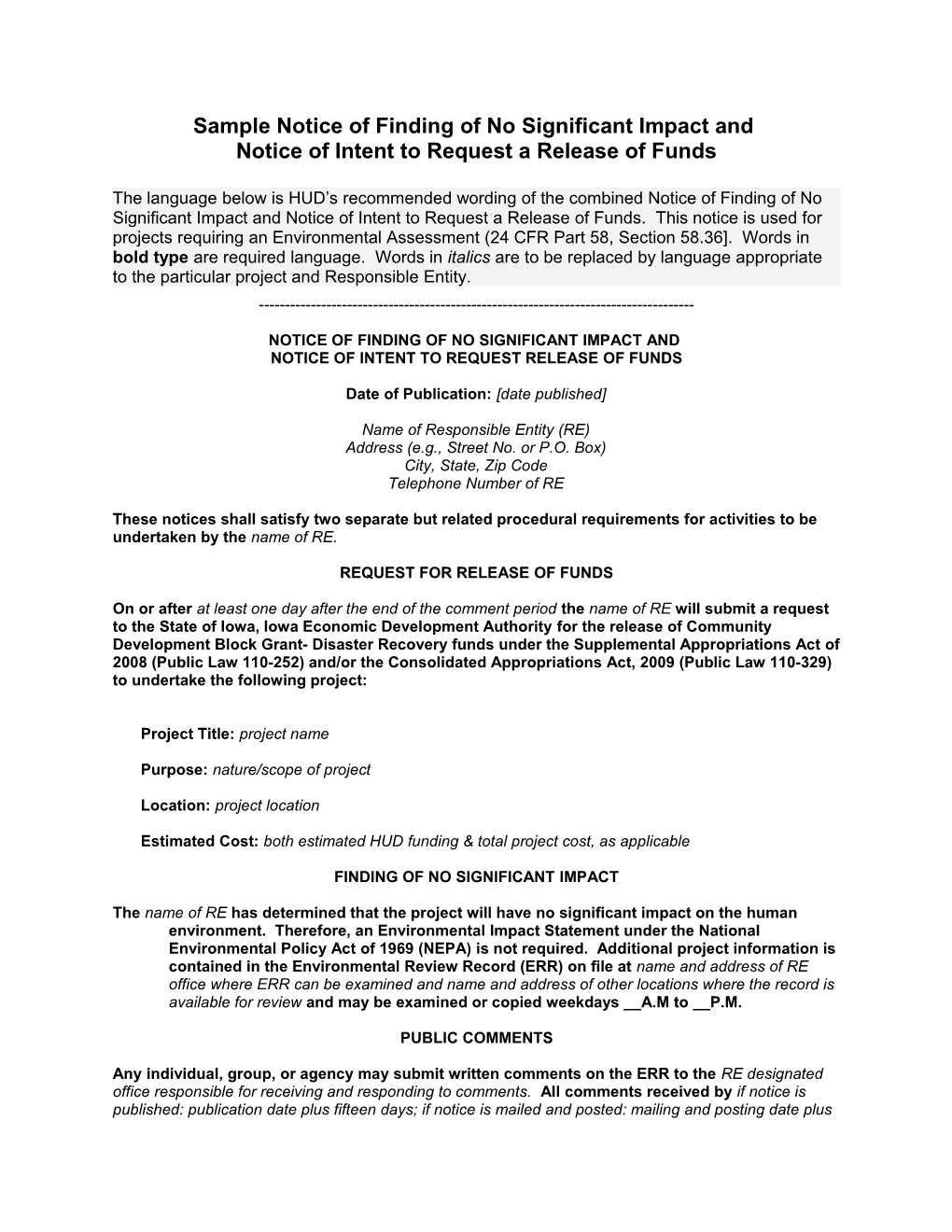 Sample Notice of Finding of No Significant Impact And