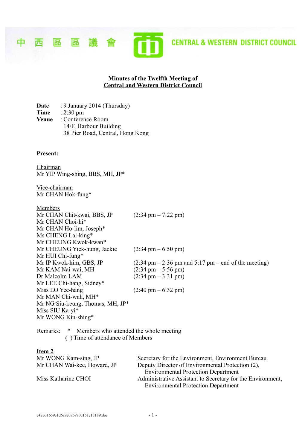 Minutes of the Twelfth Meeting of Central and Western District Council