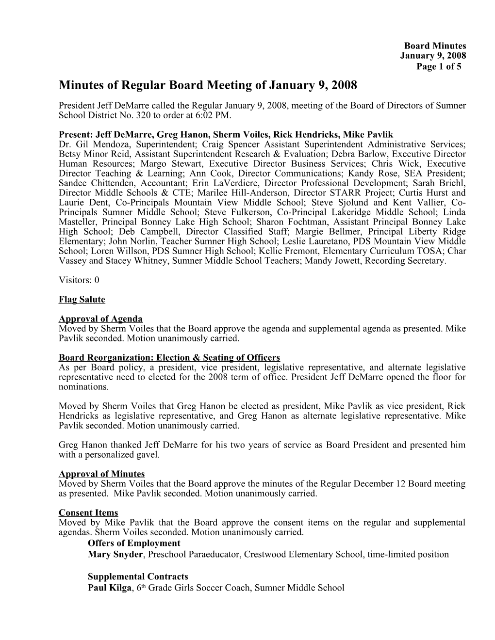 Minutes of Regular Board Meeting of January 9, 2008