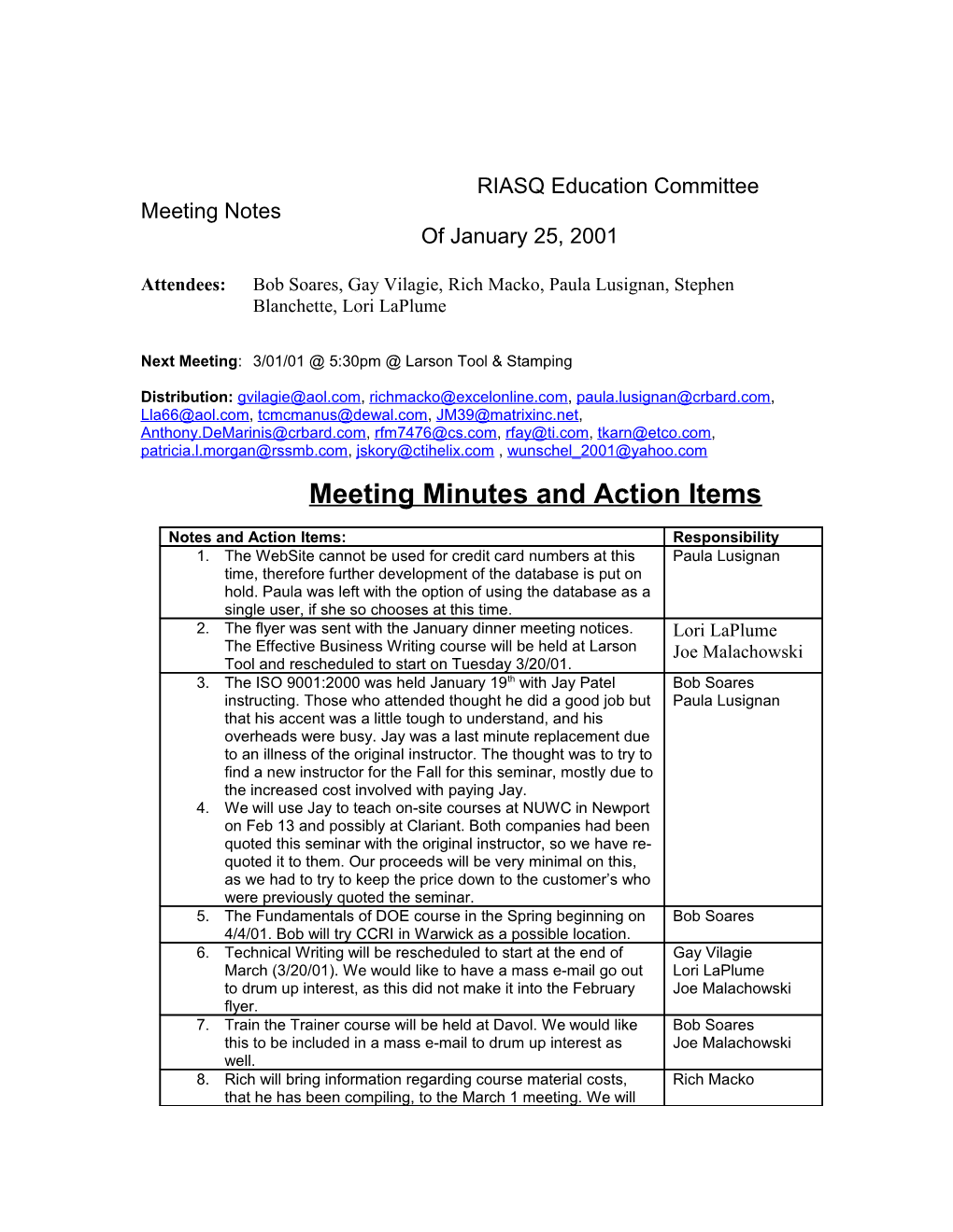 RIASQ Education Committee Meeting Notes