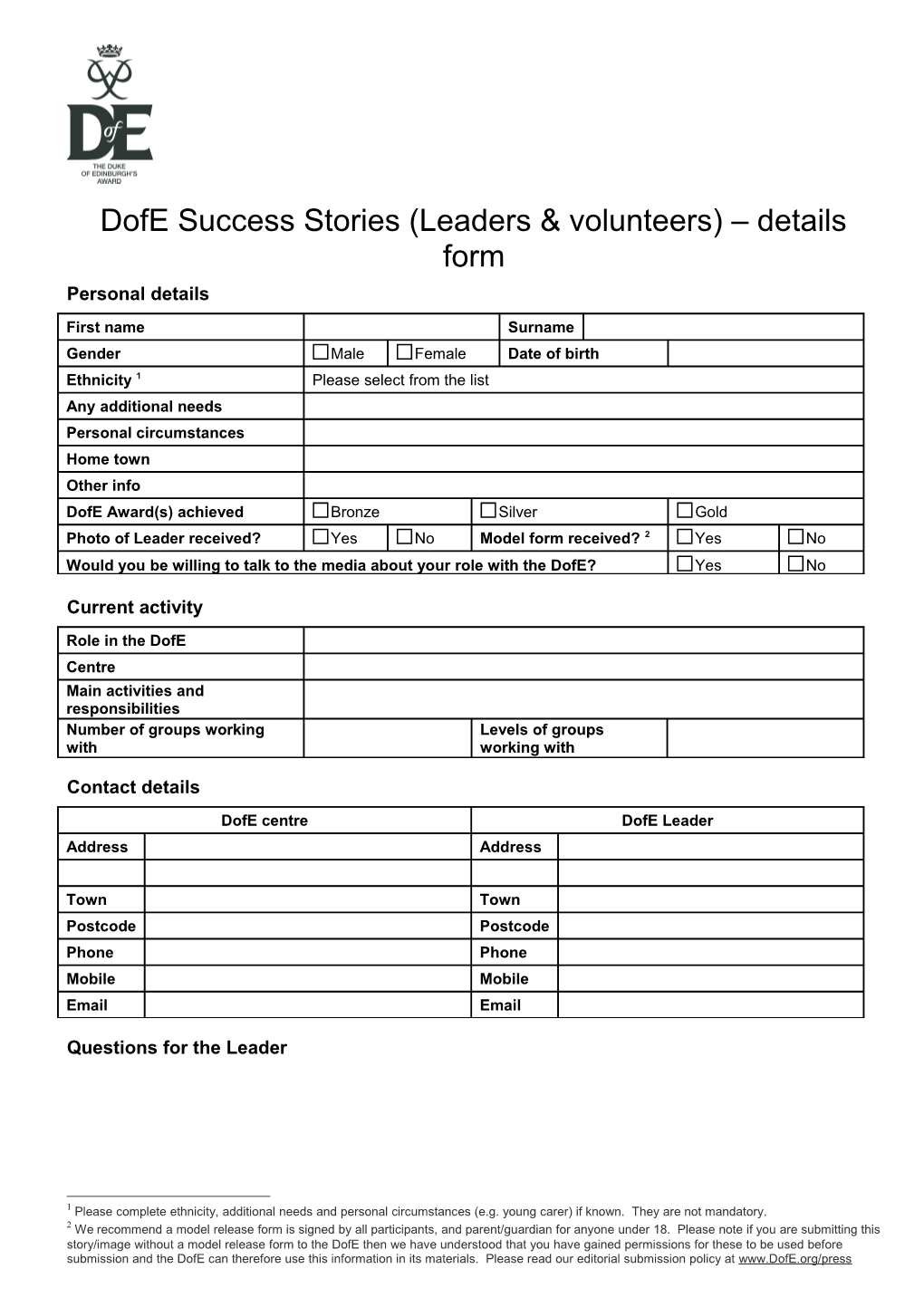 Dofe Success Stories (Leaders & Volunteers) Details Form