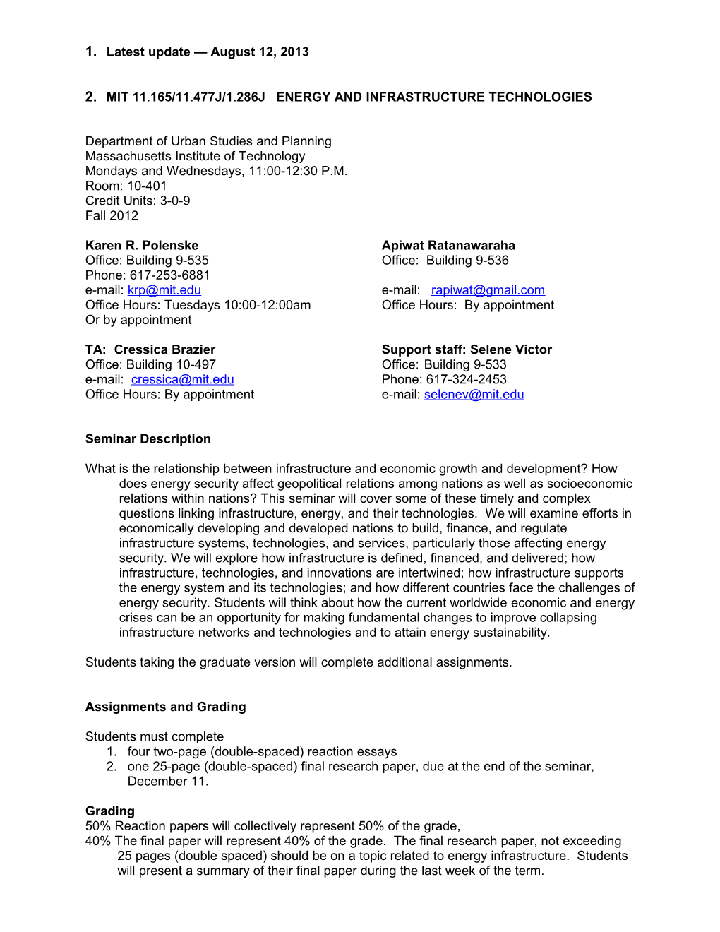 MIT 11.165/11.477J/1.286J Energy and Infrastructure Technologies