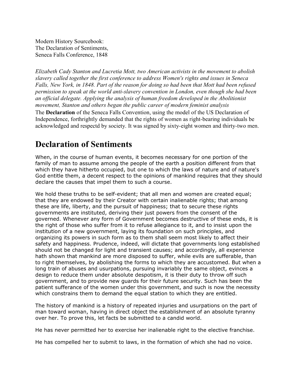 Modern History Sourcebook: the Declaration of Sentiments, Seneca Falls Conference, 1848