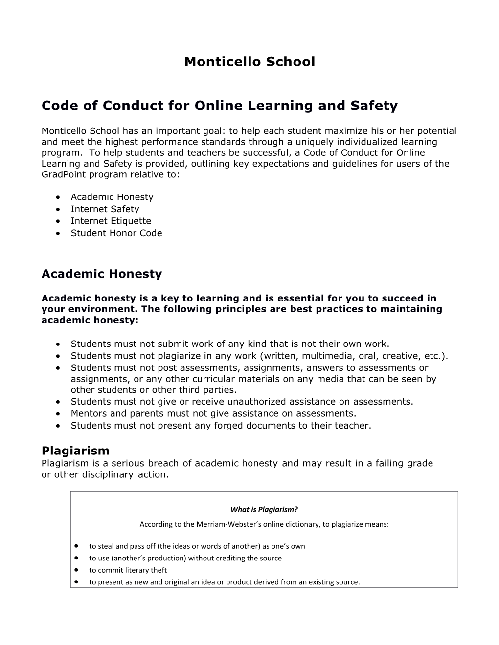 Code of Conduct for Online Learning and Safety