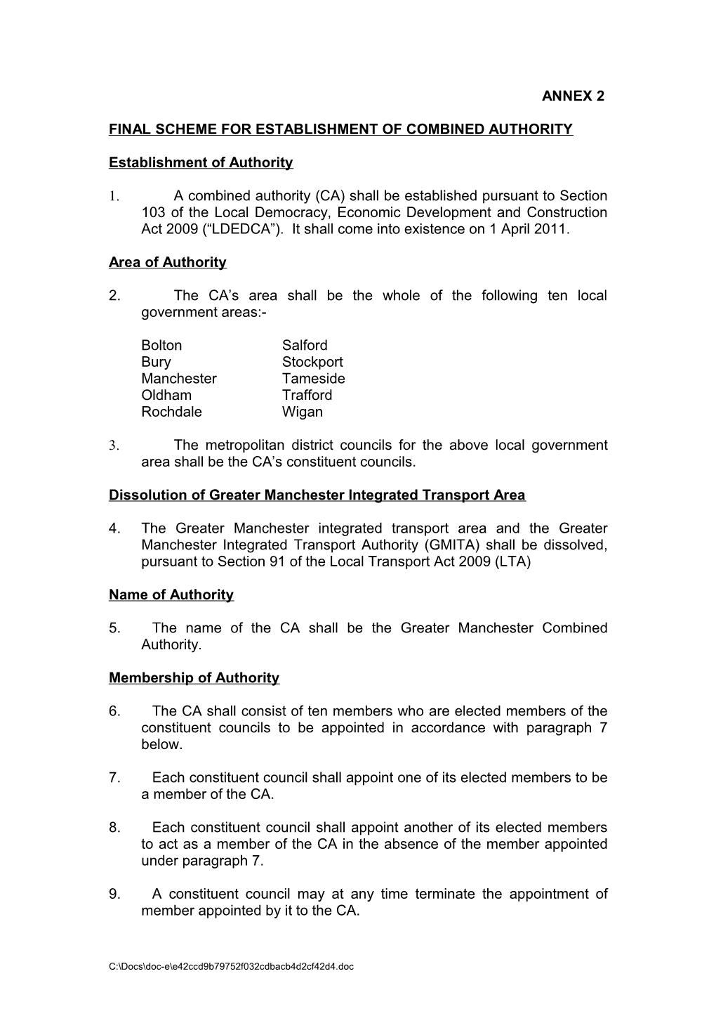 Draft Scheme for Establishment of Combined Authority