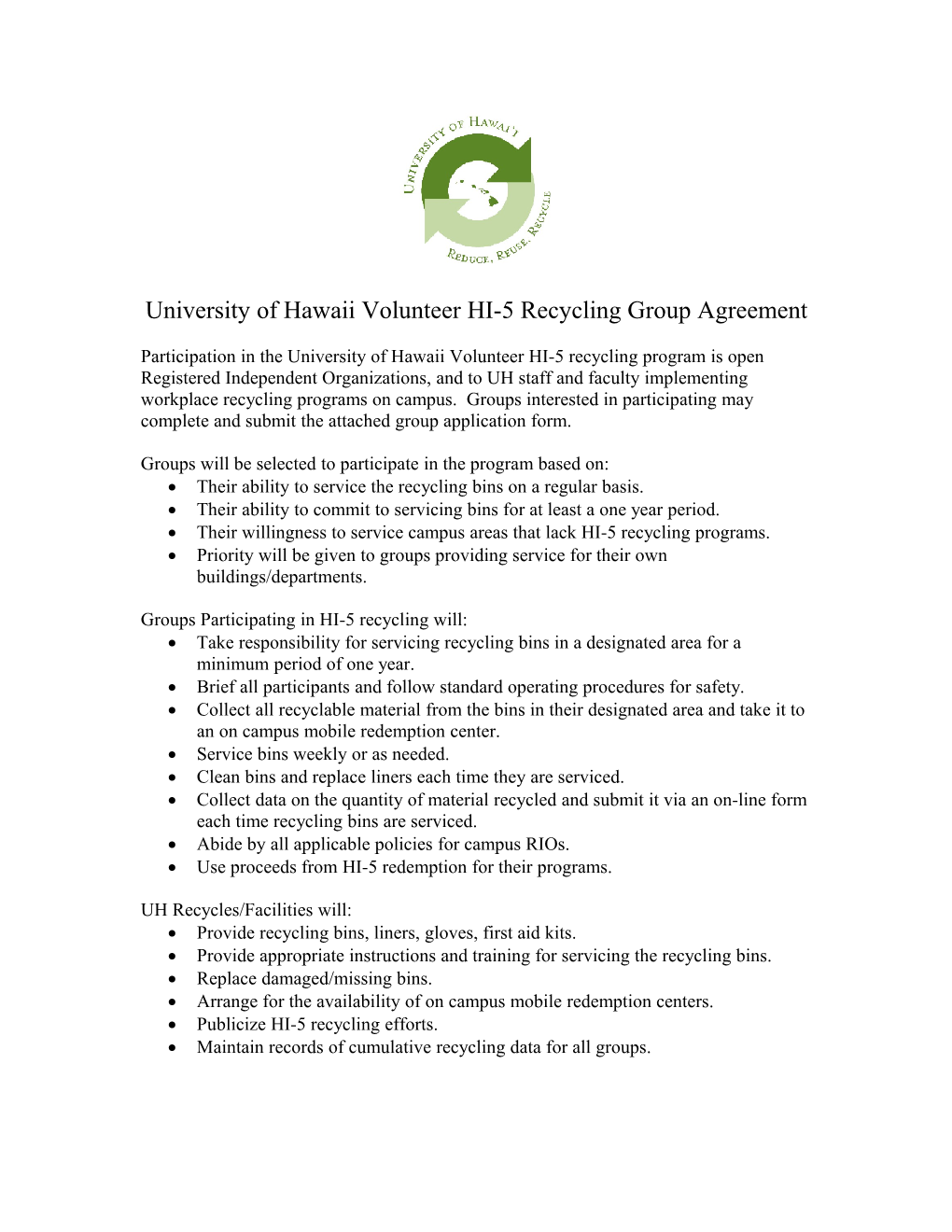 UH Recycles HI-5 Recycling Group Agreement