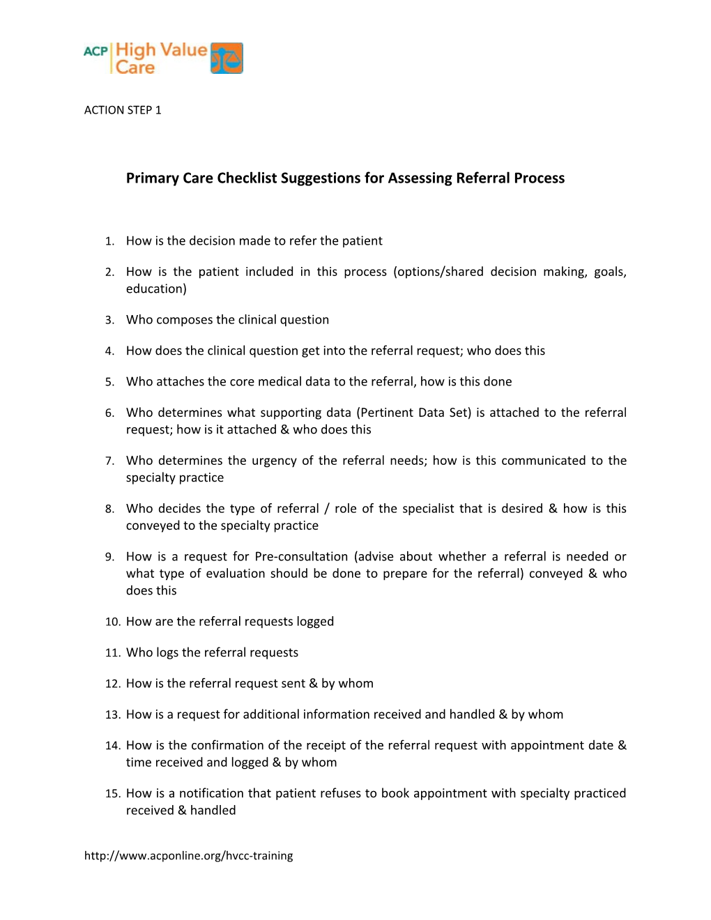 Primary Care Checklist Suggestions for Assessing Referral Process