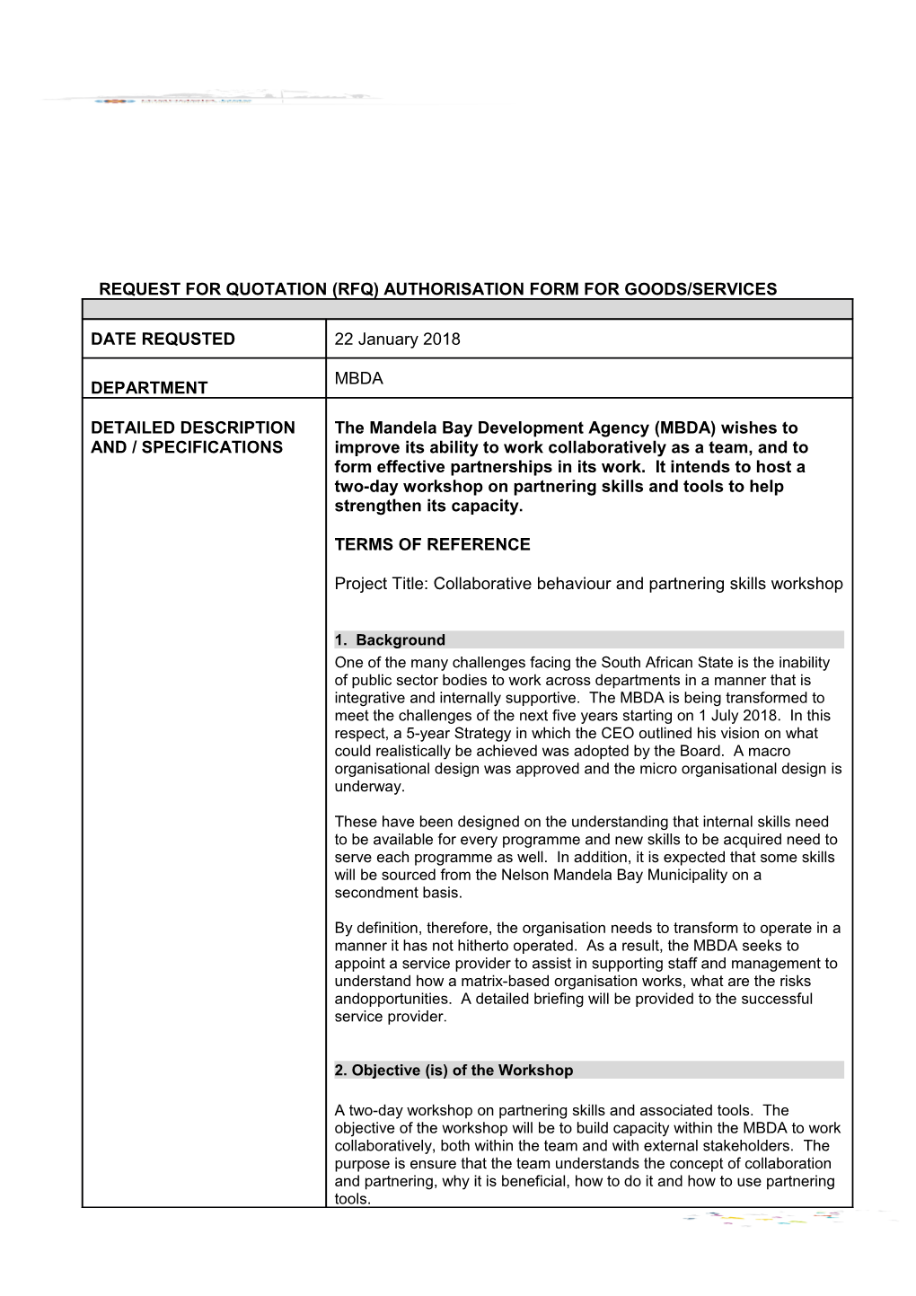 Request for Quotation (Rfq) Authorisation Form for Goods/Services