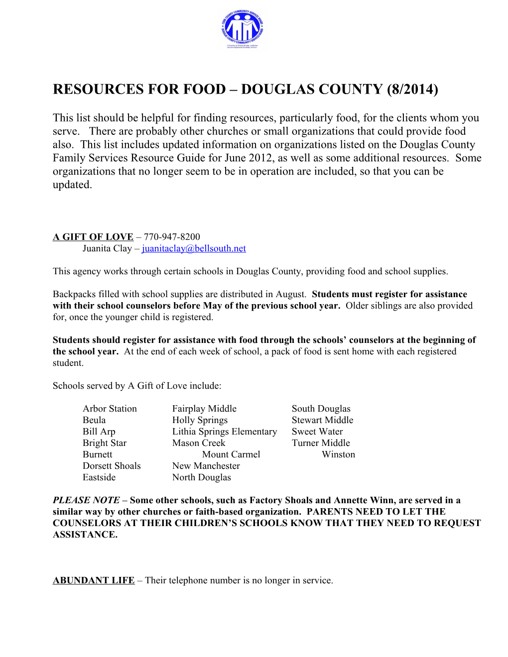 Resources for Food Douglascounty (8/2014)