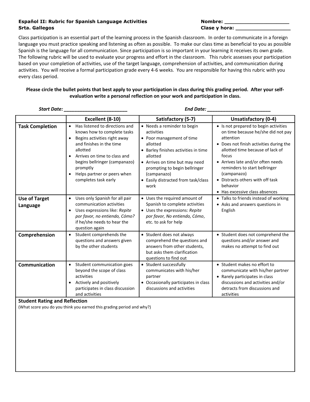 Rubric for Spanish Language Activities- Señorita Long