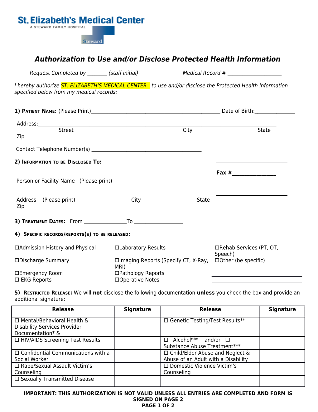 Authorization to Use And/Or Disclose Protected Health Information
