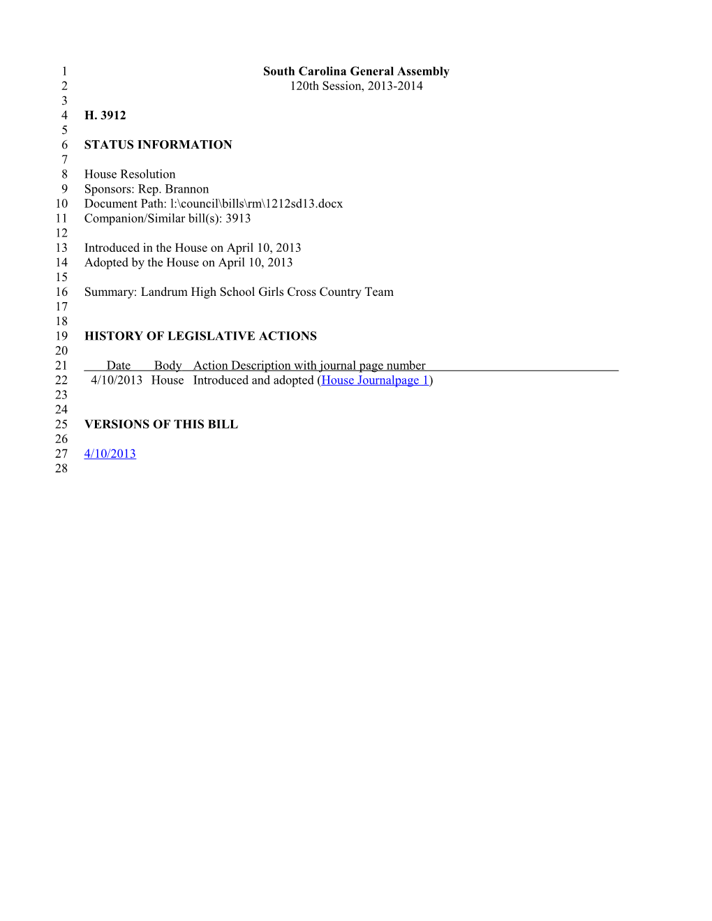 2013-2014 Bill 3912: Landrum High School Girls Cross Country Team - South Carolina Legislature